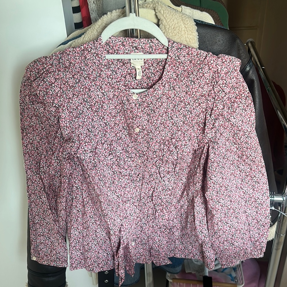 Rebecca Taylor Pink Puff Sleeve Blouse with Mandarin Collar